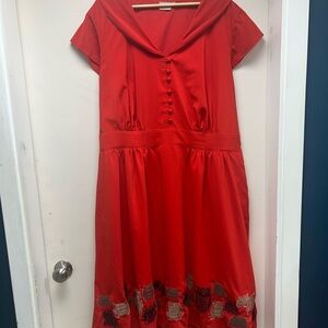 Classy Red E-Shakti Vintage Style Pin Up Dress with Embroidered Owl Hem 3X